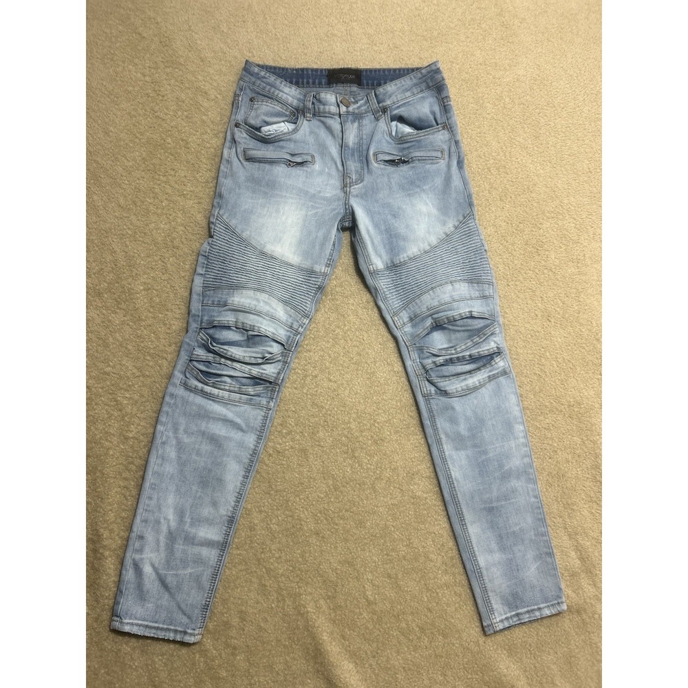 VICTORIOUS Men's 30 Blue Jeans Stretched Distressed Moto Front‎ Zipper Pockets